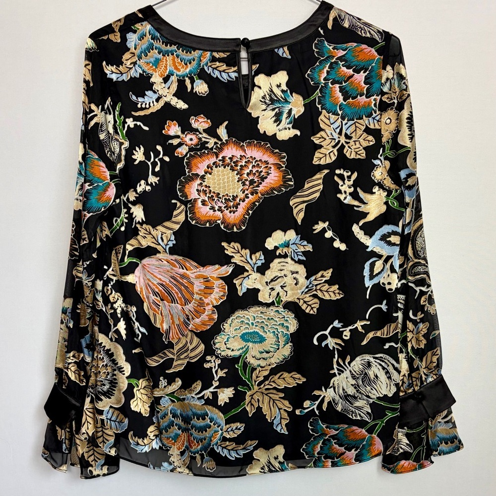 Soft Surroundings Deanna Blouse Sz L Metallic Shimmer Floral Asian Keyhole Lined - Picture 14 of 16